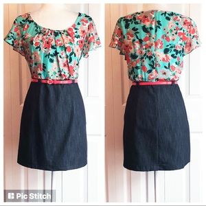 Alyx Turquoise Floral Print Top & Denim Skirt Mini Dress w/ Red Belt 10